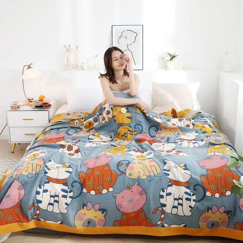 Multicolor boho printed cotton blanket bedroom cat pattern bed throw