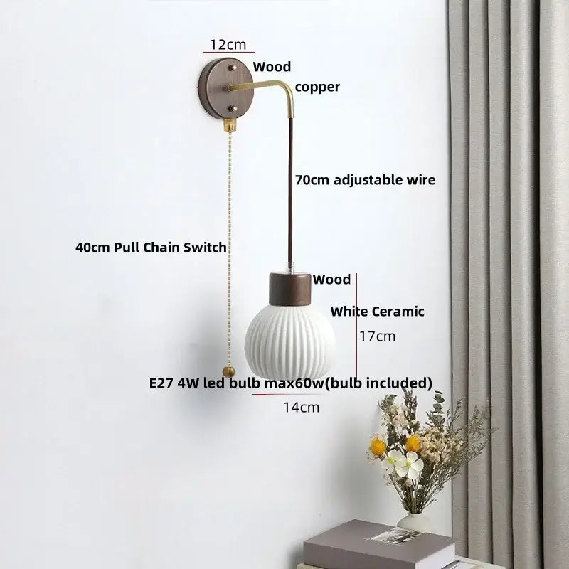 DecorBites™ Ceramic Wood Wall Sconce LED Light with Pull Chain Switch - Modern Nordic Style