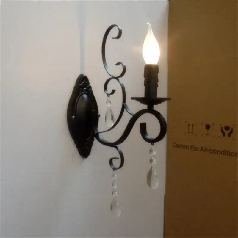 Ornate black wrought iron crystal wall lamp living room sconce