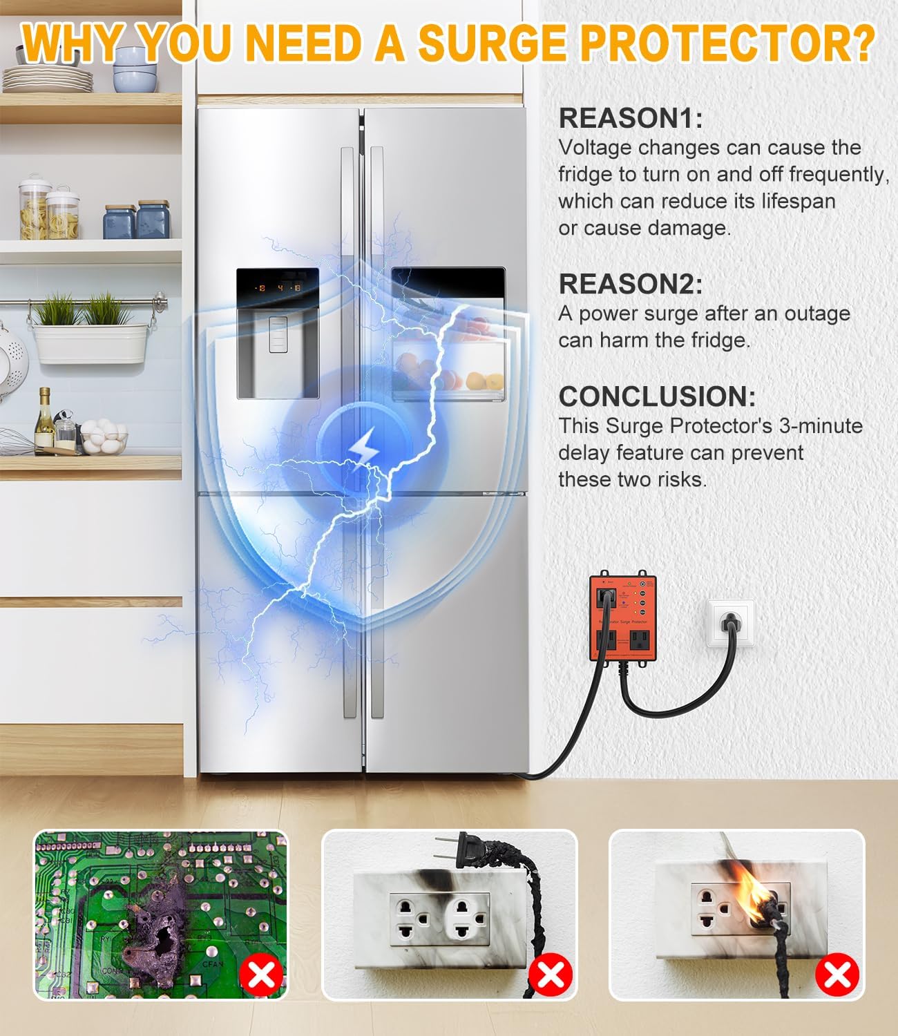 Refrigerator Surge Protector, 3-Outlet 120V