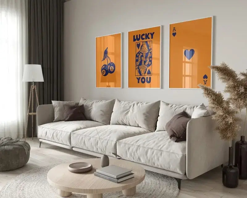 Retro blue and cream playing card wall art set living room decor
