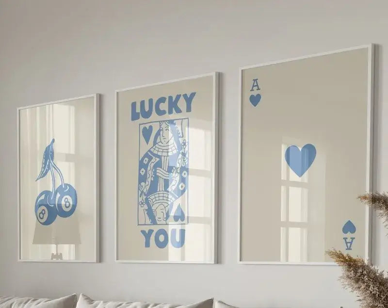 Retro blue and cream playing card wall art set living room decor