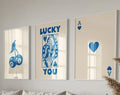 Retro blue and cream playing card wall art set living room decor