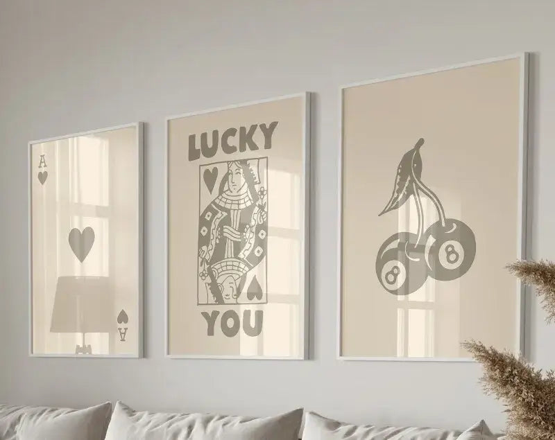 Retro blue and cream playing card wall art set living room decor