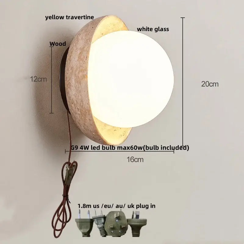 Rustic beige travertine base led wall light bedroom sconce