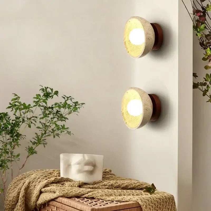 Rustic beige travertine base led wall light bedroom sconce