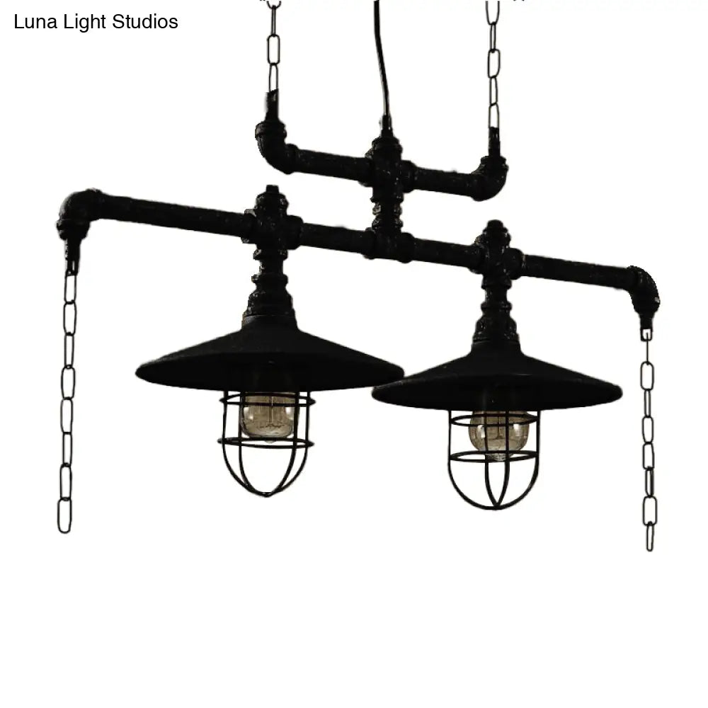 Industrial black pipe chandelier with red valve caps dining room light