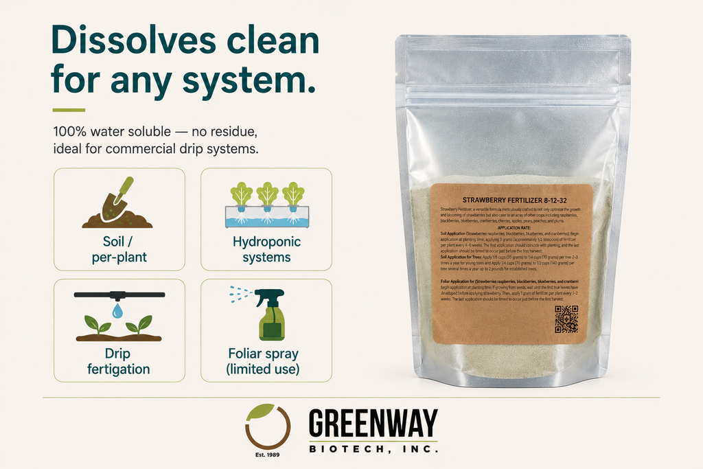 Strawberry Fertilizer 8-12-32 | Chelated Micronutrients | Hydroponics, Soil & Foliar Application