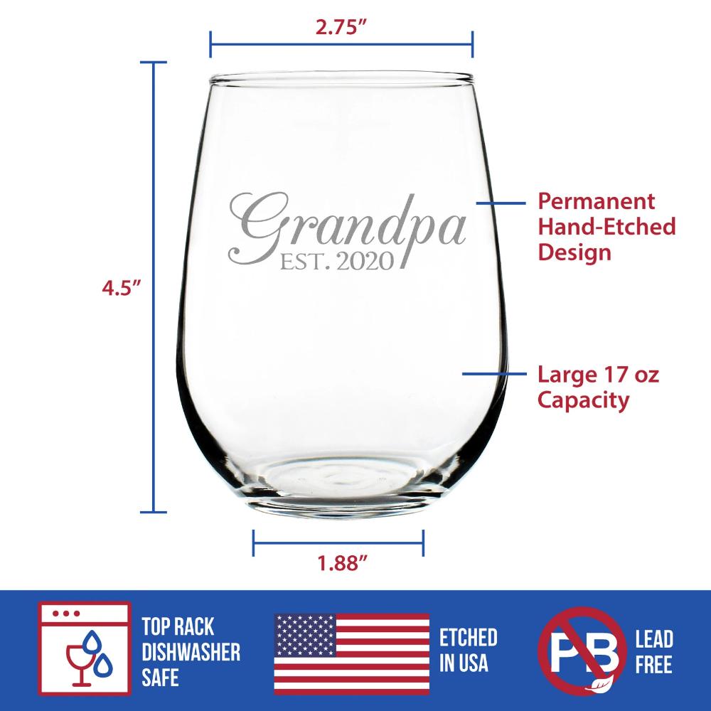 Grandpa Est. 2020 - 17 Ounce Stemless Wine Glass