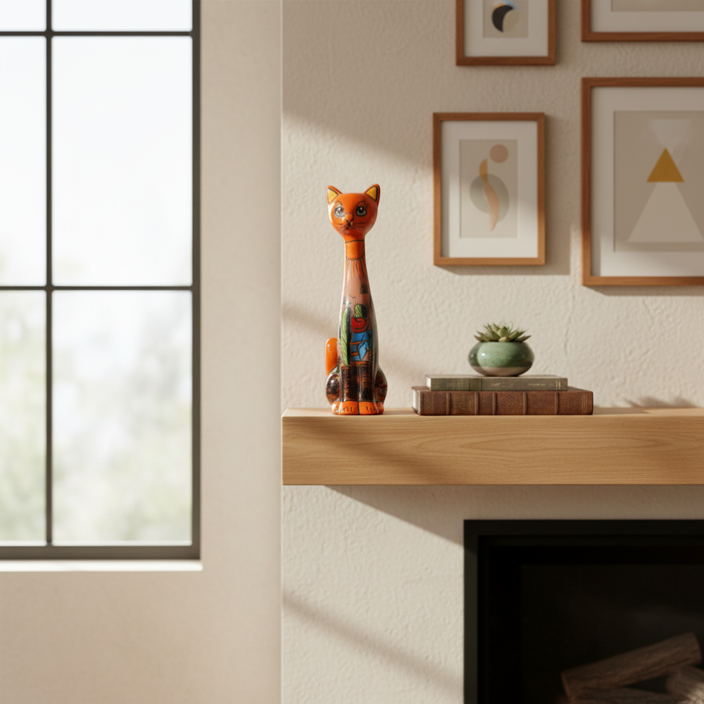 Tall Talavera Cat Statue | Mexican Terracotta Desert Design