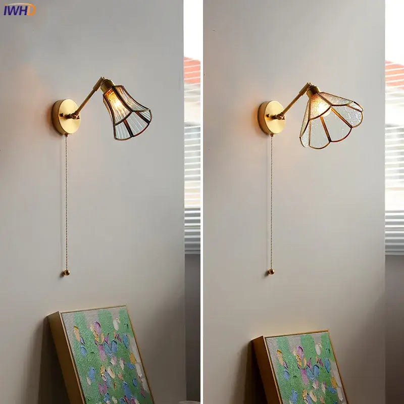 Vintage brass and green glass led wall lights bedroom sconce