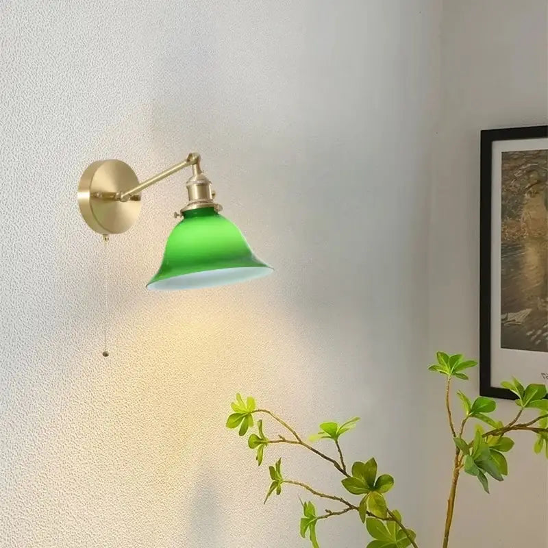Vintage brass and green glass led wall sconce for bedroom