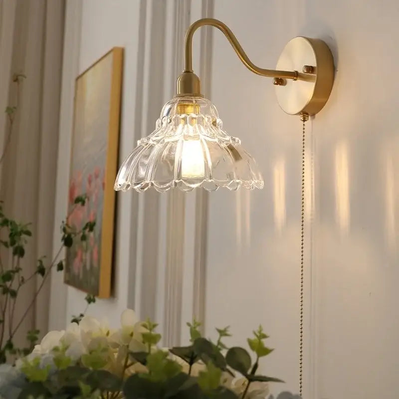 Vintage brass led wall sconce with pull chain bathroom vanity light