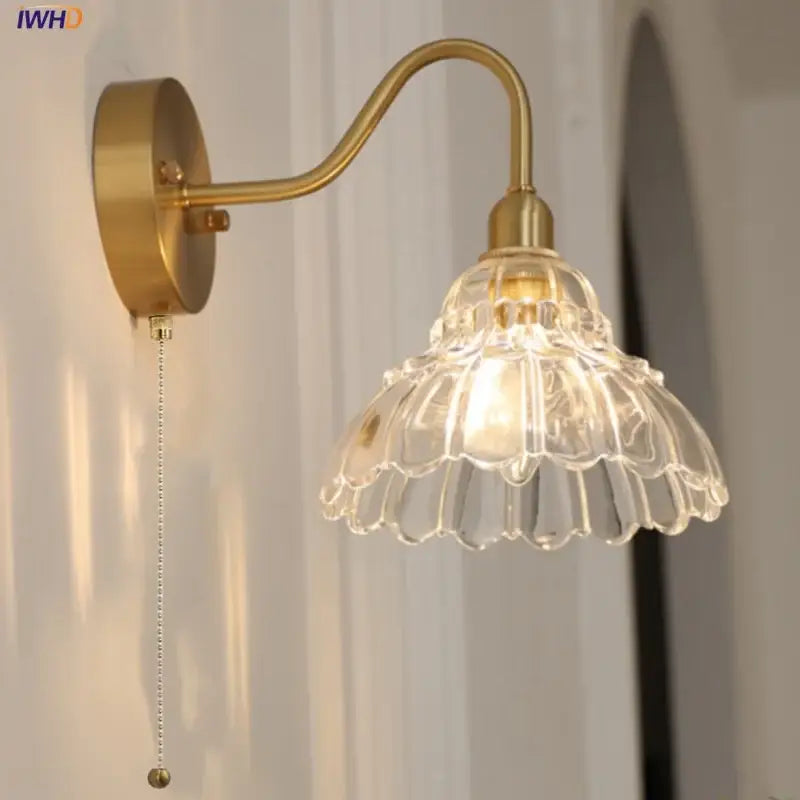 Vintage brass led wall sconce with pull chain bathroom vanity light