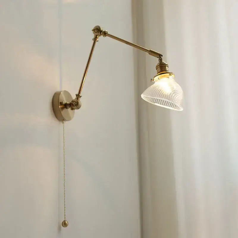 Vintage brass swing arm wall light fixture bedroom glass sconce