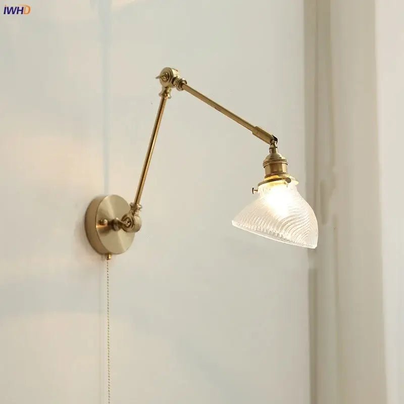 Vintage brass swing arm wall light fixture bedroom glass sconce