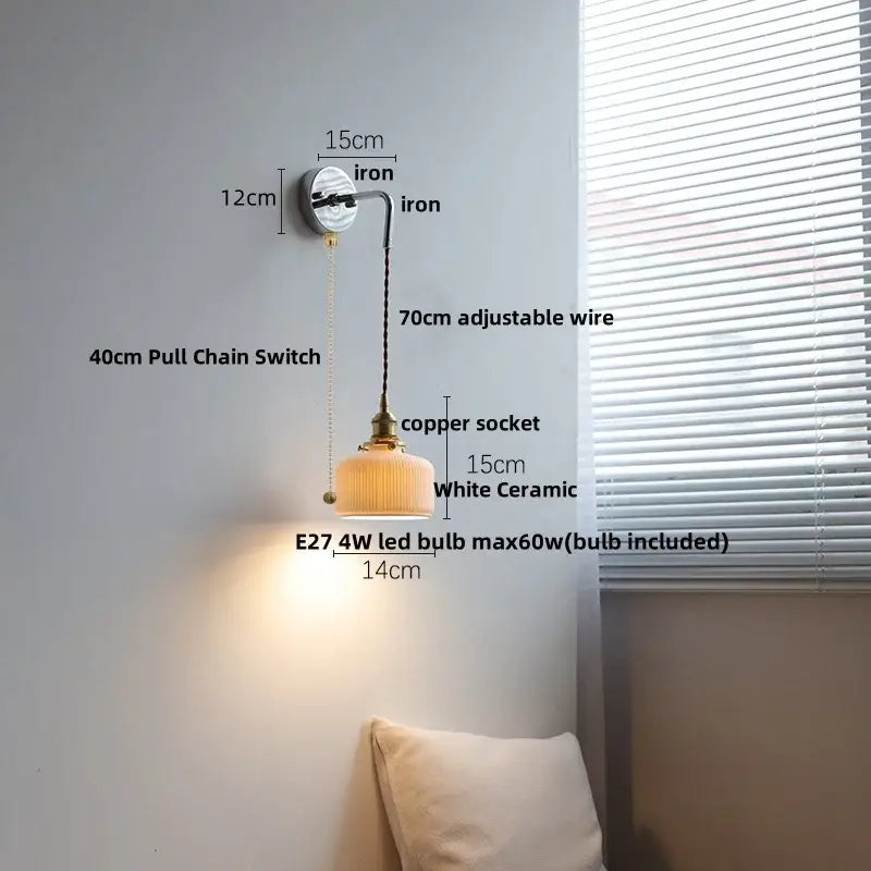Vintage ribbed opal glass wall lamp bedroom ceramic canopy led