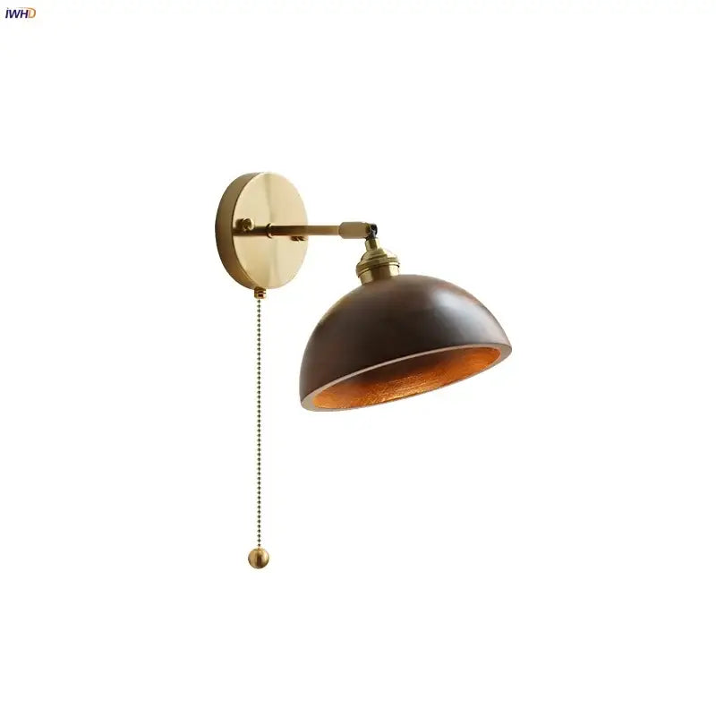 Walnut and brass wall sconce with pull chain switch bedroom light