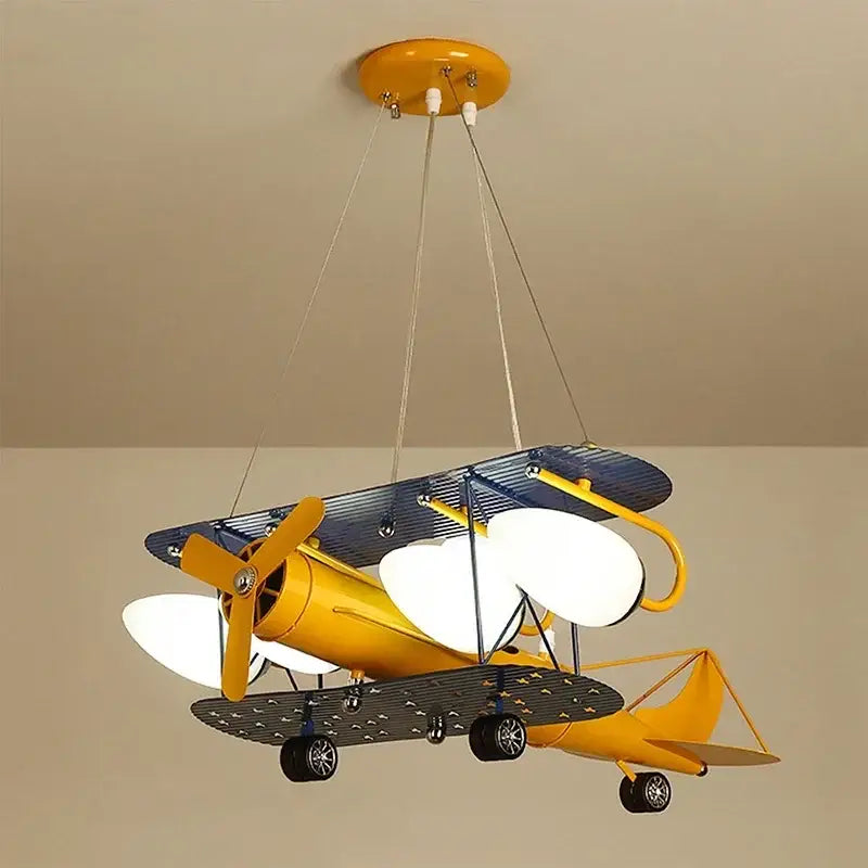 Yellow and blue biplane airplane chandelier led lights for boys bedroom